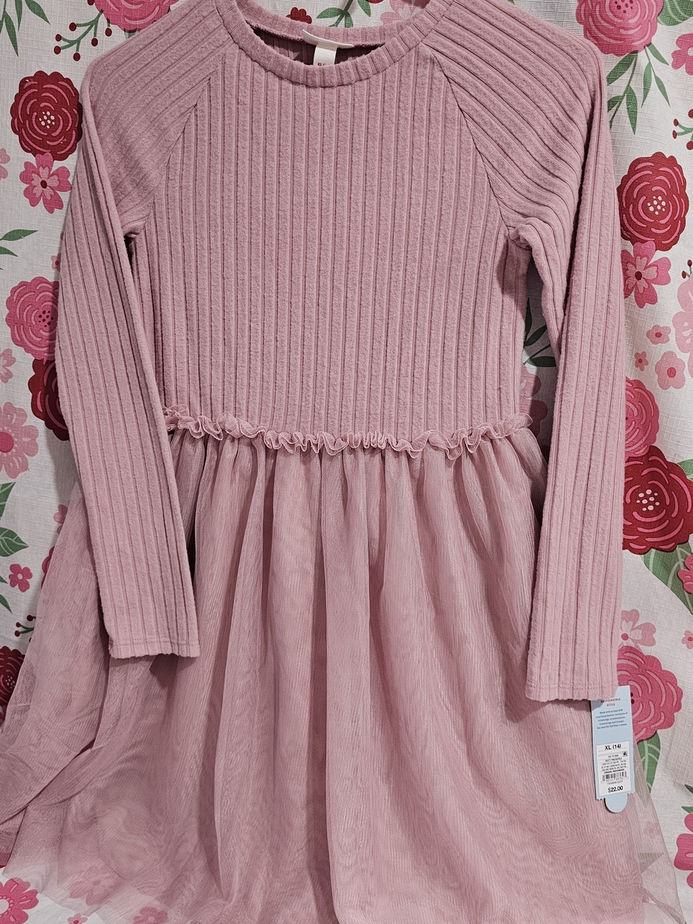 Girls' Pink Ribbed Knit & Tulle Dress